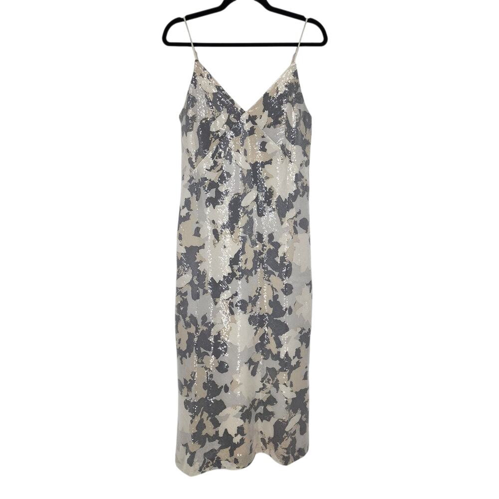 NWT Club Monaco Midi Sequin Gray Floral Spaghetti Strap V-neck Slip Dress Size 6